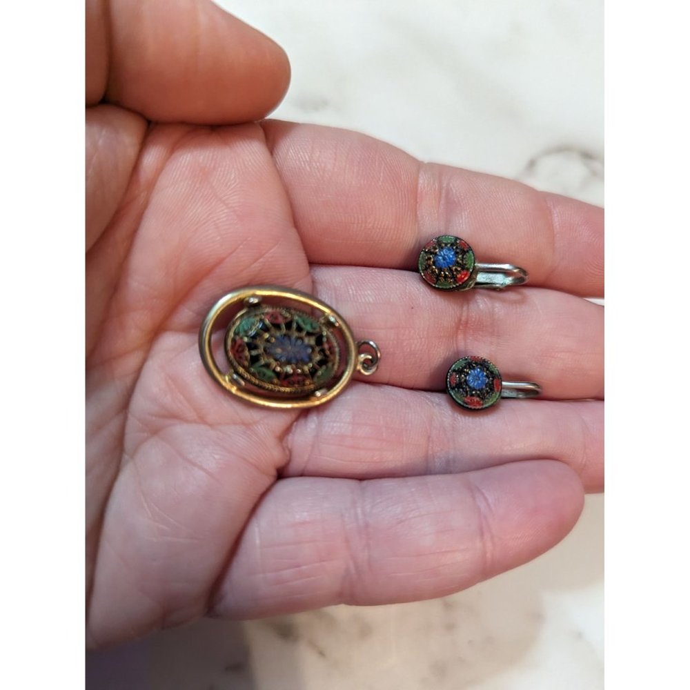 vtg 60s Sarah Coventry Old Vienna necklace pendent & matching‎ clip on studs